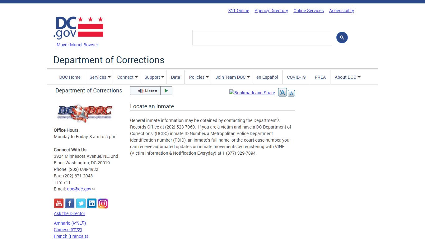 Locate an Inmate | doc - Washington, D.C.